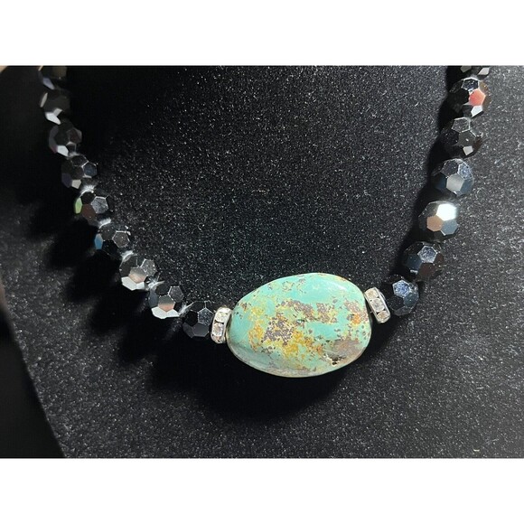 Vintage Rachel Abroms Choker Necklace Black Crystals Turquoise Pendant 14.5” - Picture 4 of 9